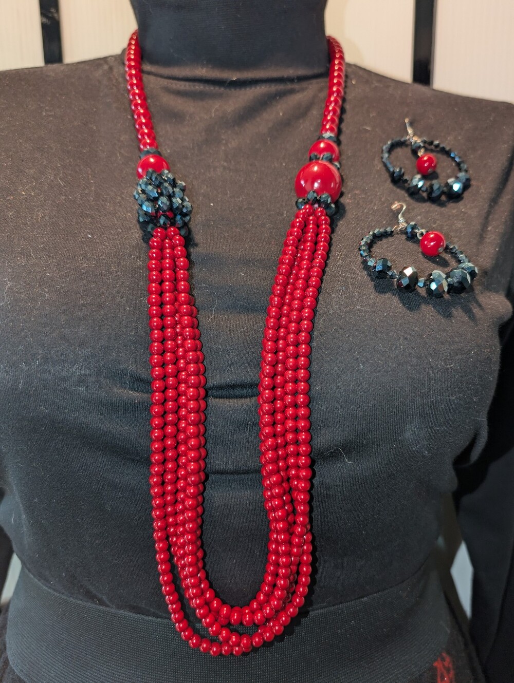 Red Multi-Strand  Necklace with Black Accent Beads - Women Jewelry Handcrafted